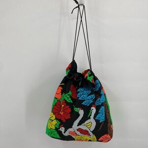 Vtg Beaded Drawstring Pouch Bag Floral 3 Herons Black Multi Color 70s‎ Art Deco